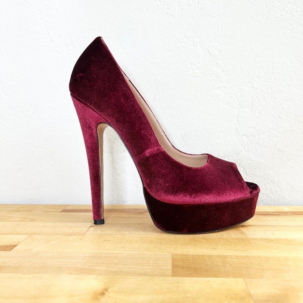 Rag & Co Burgundy Velvet Platform Peep Toe Stiletto Pumps High Heels US 8 EU‎ 39